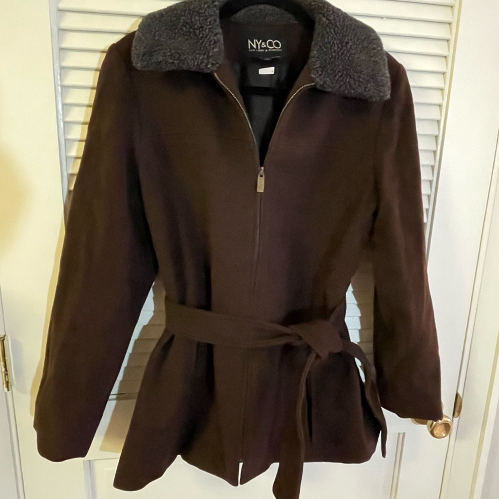 NY & Co | Brown Zip Up Wool Lined Collar Belted Coat Size: S